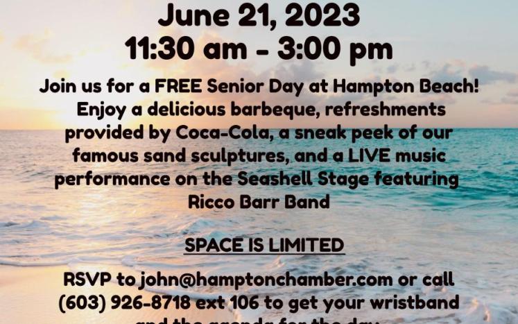 Senior Beach Day June 21, 2023, from 11:30 to 3:00 at Hampton Beach